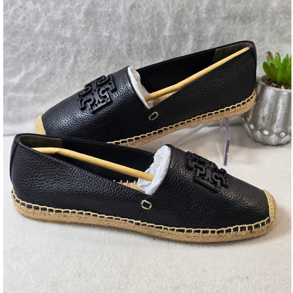 Tory Burch Espadrilles Leather Black Logo Slip On Loafers Shoes Size 8.5 - Picture 7 of 14